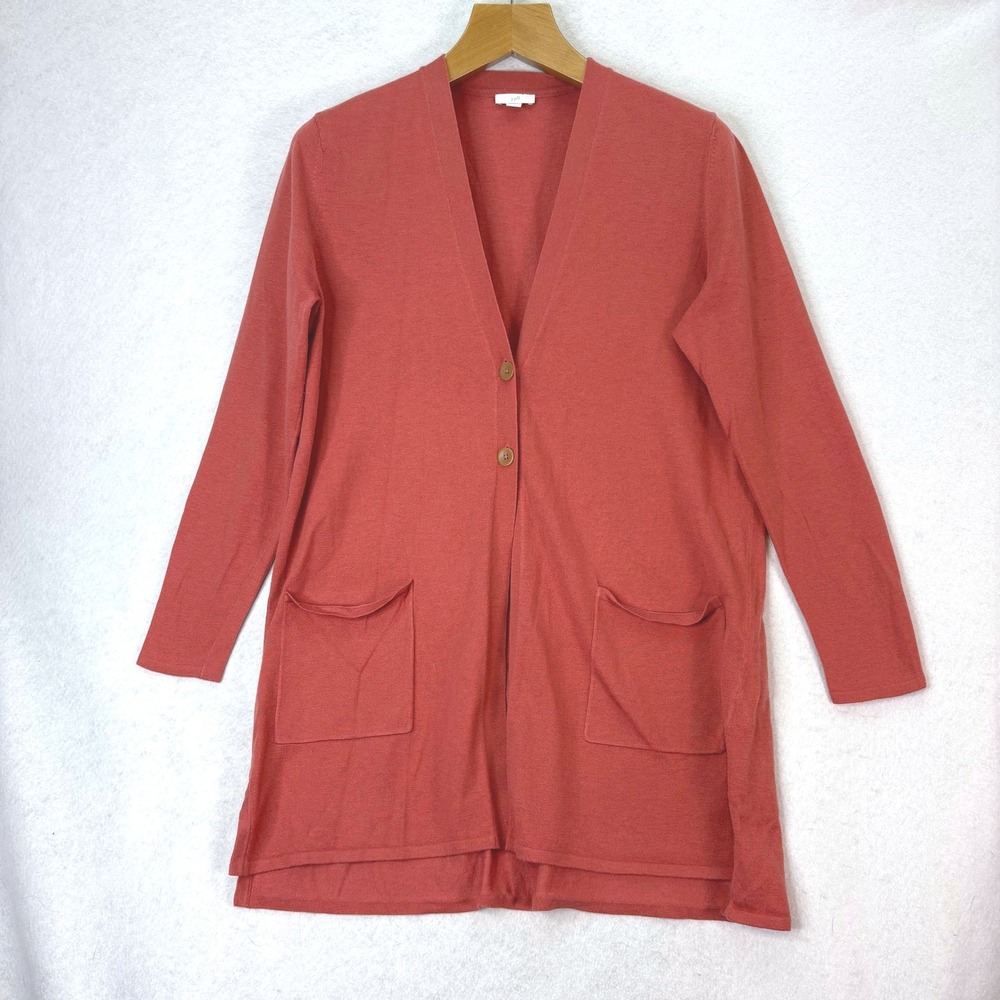 J Jill Coral Wool Blend Long Sleeve Cardigan Sweater Two Button Pockets Womens L